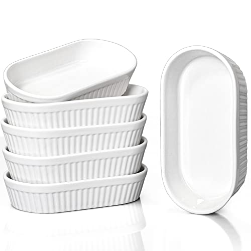 DELLING Oval Ramekins 8 Oz Set of 6, Ceramic Creme Brulee Ramekins Oven Safe, Oval Souffle Dishes for Baking Dessert, Porcelain Escargot Dish Dessert Bowls, Dishwasher Microwave Safe, White