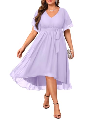Lavender Dress Women Plus Size Lilac Bridesmaid Wedding Guest Formal Chiffon Short Sleeve High Low Dresses Light Purple