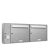AL Briefkastensysteme 2er Briefkastenanlage mit Klingel, Edelstahl, Premium Doppel-Briefkasten DIN A4, 2 Fach Postkasten modern Aufputz