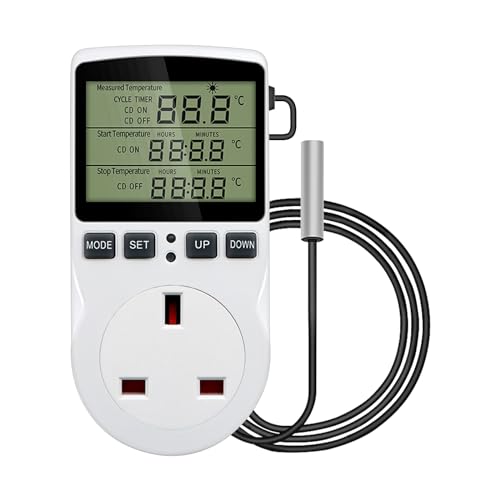 Image of Digital Temperature Controller, 230V/13A Heating Cooling Timer Thermostat UK Plug with Sensor Probe, LCD Screen Digital Thermostat for Greenhouse Farm Refrigerator Fermentation