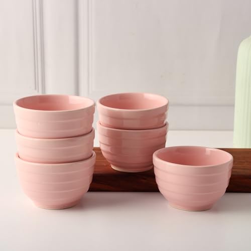 Image of Ceramic Set of 6 Bowls 180ml | Microwave & Dishwasher Safe | Serve Side Dishes, Snacks, Dals, Dessert, Rice & Pudding, Nuts or Dip | Modern Gloss Finish - Pink