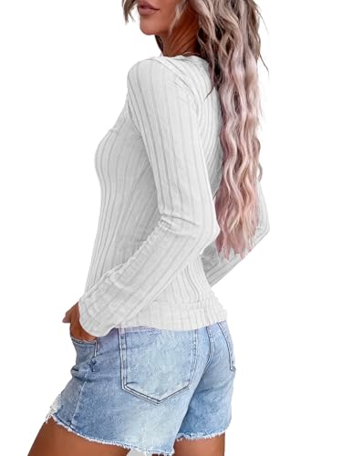 Image of KINLONSAIR Women's Long Sleeve Henley T Shirts Button Down Slim Fit Tops Scoop Neck Ribbed Knit Shirts