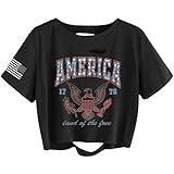 Women's America 1776 Distressed Crop Top, Patriotic USA Flag Eagle Graphic T-Shirt, Land of the Free Short Sleeve Cut Out Twisted Hem Casual Summer Tee for 4th of July（S,01ABlack）