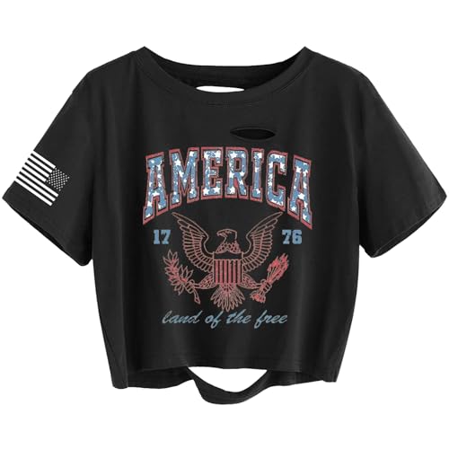 Women's America 1776 Distressed Crop Top, Patriotic USA Flag Eagle Graphic T-Shirt, Land of the Free Short Sleeve Cut Out Twisted Hem Casual Summer Tee for 4th of July（S,01ABlack）