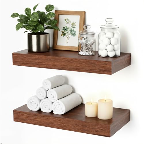 Mifurn Floating Shelves for Wall, Bathroom Shelves Over Toilet, Wall Shelves & Book Shelf, Hanging Shelf, Modern Wooden Wall-Mounted Small Floating Shelves, 12x7x1.5 in (Walnut-Like, Set of 2)