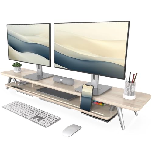 Image of Fenge Dual Monitor Stand, Monitor Stands Riser for 2 monitors, 47.2 Inch Wood Desk Shelf with Storage Organizer and Cable Management for Office Desk Accessories