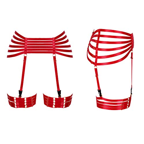 Woman Body Harness Garter Punk Gothic Belt Leg Strap Lingerie Cage Plus Size Stretchy Fabric (Red) #TOP2