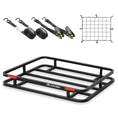 ARKSEN 32 x 26 x 4 Inch Heavy Duty Bumper Mounted Cargo Rack Carrier with Nylon Net, Ratchet Straps,350 Lbs Capacity Luggage Basket Hitch for RV, Camp