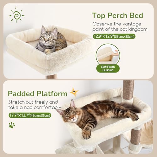 Image of Globlazer 52in Cat Tree Tower for Indoor Cats, 2 Condos, S52, Beige | Multi-Level Plush House, 5 Sisal Scratching Posts, 2 Padded Top Perches, Big Metal Basket, Stable Enlarged Base