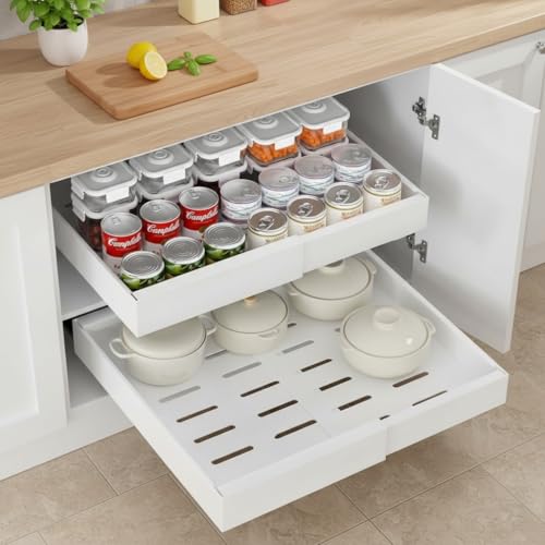 Beauenty Expandable Pull out Cabinet Organizer with Adhesive Nano Film for Pots Pantry Kitchen and Storage Pan Organizer Storage Drawers for Kitchen Pantry Bathroom (White Expandable 32-52cm)