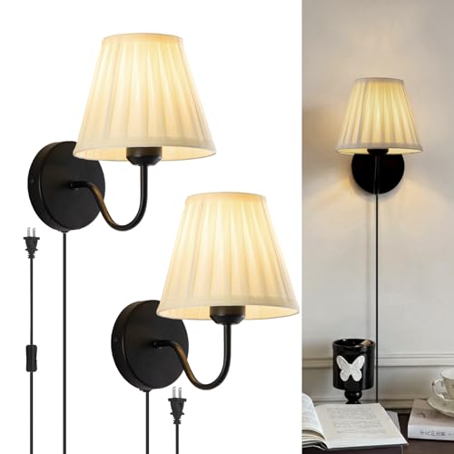 Image of Plug in Wall Sconces with White Fabric Shades, Black Wall Sconces Set of Two, Modern Wall Lighting Fixture with On /Off Switch, Indoor Corded Wall Lamp for Bedroom, Living Room, Hallway, Bedside