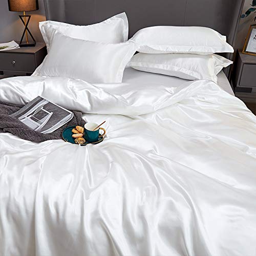 Soft Silky Satin Solid Color 3-Piece Bedding Set - 1 Duvet Cover and 2 Pillow Shams - Satiny and Classy Silk Like Duvet Cover Sets with Hidden Zipper Closure (White, Full/Queen) by FLCA - Used condition - Image 3
