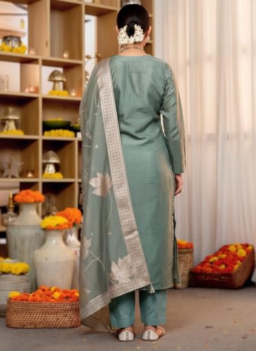 Image of Pinkmint Women Jacquard Silk Ethnic Kurta with Dupatta Suit for Women | Straight Fit Designer Wear with Woven Pattern & Tassel Dupatta | Availble in Plus Size