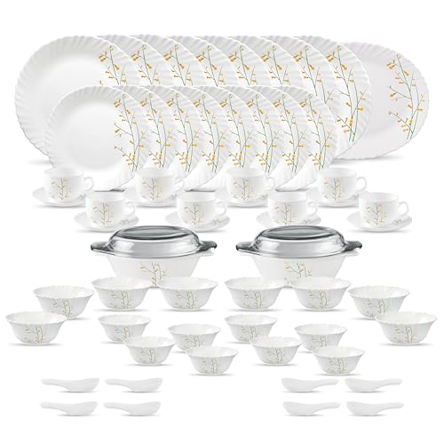 La Opala Diva Classique Collection Opal Glass Crockery | for Family of 8 | Dinner Set 61 pcs Citron Weave | Plates & Bowls for Dining | Microwave Safe | 100% Vegetarian | Extra Strong | White