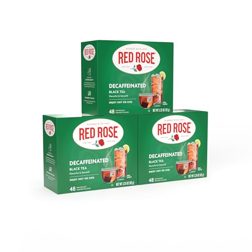 Red Rose Naturally Decaffeinated Black Tea, Smooth & Flavorful Decaf for Iced or Hot Tea in Bulk, Gluten-Free, 3 Pack of 48 Individually Wrapped Teabags