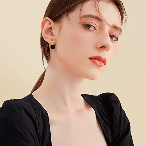 14K Solid Yellow Gold 10Mm Genuine Black Onyx Ball Dangle Drop Heart Studs Earrings For Women #TOP1