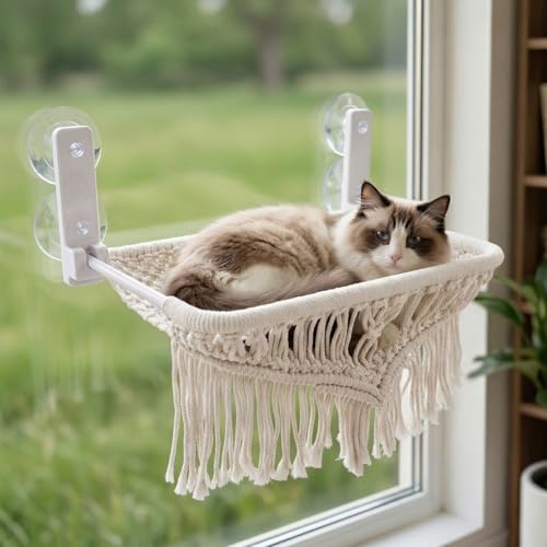 nets Tribe Cat Hammock & Window Perch w/ 4 Suction Cups, Foldable Adjustable Boho Cotton Rope Pet Hammock Bed & Cat Shelves for Indoor Cats/Small Animals - All-Season Sleeping, Lounging, Climbing by nets Tribe - Used condition - US$26.99