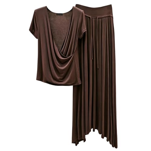 Haut asymétrique à col V raffiné et pantalon palazzo taille haute au drapé parfait
