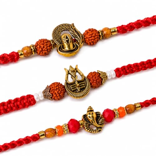 Image of Premium Set of 3 Rakhi for Brother with Greeting Card | Raksha Bandhan Trishul Design Rakhee Thread | Shivling & Ganesha Rakhi Gift Set for Brother, Bhaiya & Bhabhi | Traditional Designer Rakhi Combo