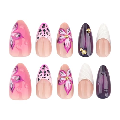 Image of Flower Nail Press ons Speing Fake Nails French Tip Glue on Nails with 3D Line Design Glossy Artificial Acrylic Full Cover Dark Purple False Nails Medium Almond Stick on Nails for Women Manicure 24Pcs