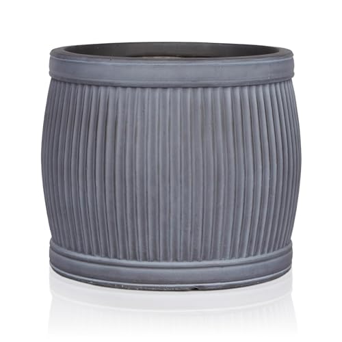 IDEALIST 32cm Plant Pots Outdoor Round Garden Planters with Drainage Holes | Heritage Style Leaden Grey Round Planter | Vertical Ribbed Vintage Barrel D32 H27 cm, with Inner Top D28 cm, 15.5 litres