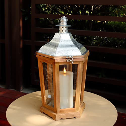 Trirocks Wood Metal Lantern 17'' High Hexagon Candle Holder Decorative Hanging Lanterns With Tempered Glass Panels Perfect For Home Decor Living Room Parties Events Tabletop Indoors Outdoors(Silver) #TOP5