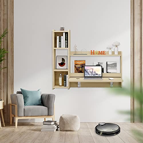 Pmnianhua Floating Desk,41''Wall Mounted Table Folding Fold Down Laptop Computer Desk With Storage Shelves For Wall Bedroom Small Space (Light Oak) #TOP1