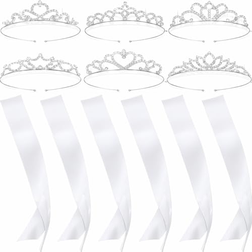 6 Set White Sashes for Pageants Party Accessories Prom Queen Crown Blank Sashes Rhinestones Tiara Satin Sash for Wedding Prom Party Decorations DIY(White, Silver)