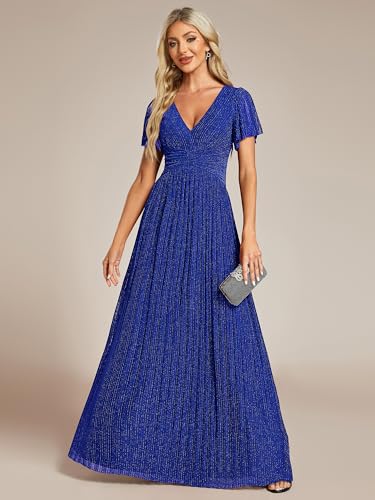 Image of Ever-Pretty Women's V-Neck Glitter Formal Dresses Pleated Short Sleeves Floor Length A-Line Mother of Bride Dress 11961
