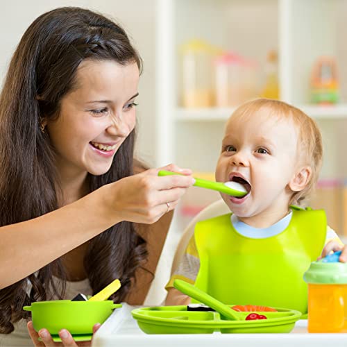 Potchen 15 Pieces Silicone Baby Feeding Set Suction Plates Led Weaning Supplies Toddler Includes And Bowls With Bib Spoons Fork, 3 Colors, Approx. 11.4 X 8.4 Inches, Grey, Blue Green #TOP6