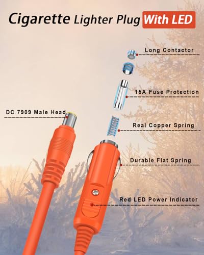 YEZriler 14AWG Car Charging Cable for Jackery Portable Power Station Explorer 3000 2000 1500 1000 500 880 550 300 290 240 160 Jackery Accessories Cigarette Lighter Charger DC Adapter Cord 2M - Orange - Thumbnail 4
