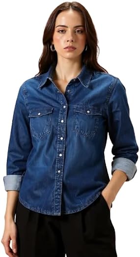 NEW-18 Women's Denim Shirt Full Sleeve Regular Fit Solid Pattern Collared Neck Button Down Casual Wear Stylish Shirt for G...