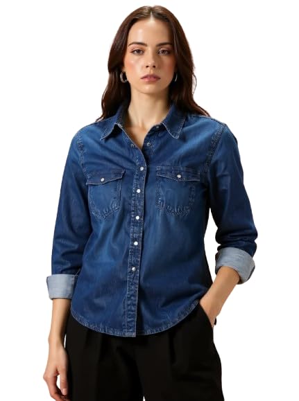NEW-18 Women's Denim Shirt Full Sleeve Regular Fit Solid Pattern Collared Neck Button Down Casual Wear Stylish Shirt for G...