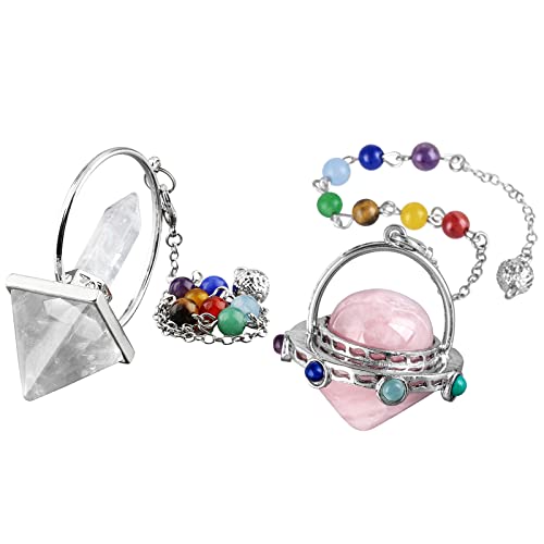 TUMBEELLUWA Rock Quartz Pyramid Crystal Pendulum + Rose Quartz Crystal Point Pendulum, with Silvery 7 Chakra Beads Chain