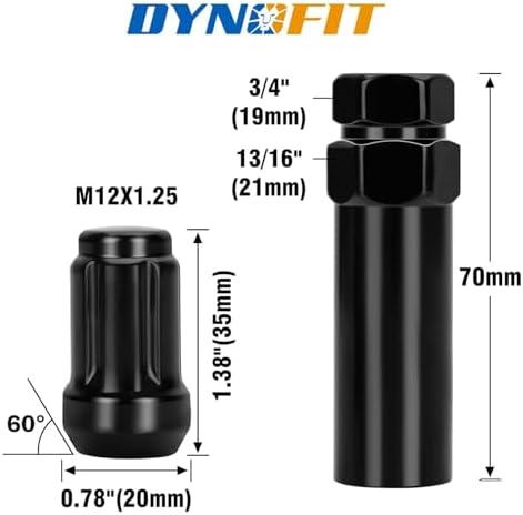 Dynofit M12x1.25 블랙 러그 너트 세트, 350Z 370Z Altima Infinit Q50 Q60용, 클로즈드 엔드 스플라인 휠 너트 20개, 스바루 포레스터 BRZ 아웃백 WRX, 애프터마켓 휠용 12mm-1.25 원뿔형 시트 러그너트 — 사진 2