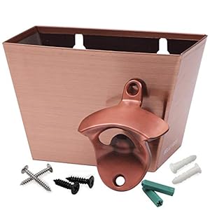 Flesopener – (7,6 x 6,3 x 2,5 cm) Koperen flesopener voor wandmontage met (8,9 x 14 x 6,3 cm) Dopvangbak, montageschroef…