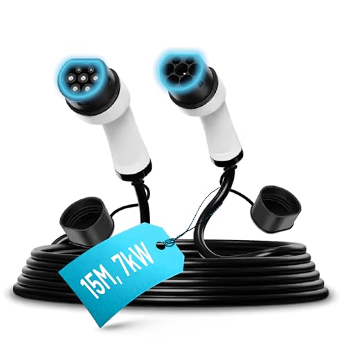 Electric Car Type 2 Charging Cables, Long EV Charging Cable, 3 Phase, Waterproof, CE, TUV, and UKCA Certified, 15M & 20M Fast Charge EV Cables. (15M 7KW)