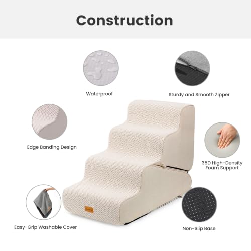 Image of Gardner Pet Dog Stairs for Small Dogs 22 inch H, 2 in 1 Transformable 4-Step Pet Stairs and Dog Ramp for Couch Bed (23-27 in), Adjustable Pet Steps Beige