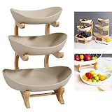 DNYSYSJ 3 Tier Ceramic Fruit Plate Bowl with Bamboo Wood Stand,Fruit&Vegetable Candy Dish Decor Bask