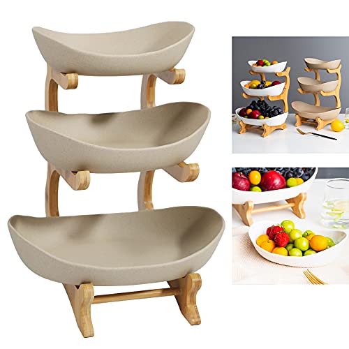 Dnysysj 3 Tier Ceramic Fruit Plate Bowl With Bamboo Wood Stand,Fruit&Vegetable Candy Dish Decor Basket Large Capacity Vegetable Storage Stand Snacks Rack Tray Plate Rack For Party Wedding,Brown #TOP28