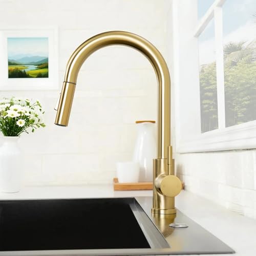 Hotis Gold Kitchen Faucet with Pull Down Sprayer, High Arc Stainless Steel Sink Faucet, Brushed Gold Bar Faucet Fit for 1 Hole Sink, Easy Install for Kitchen Farmhouse RV, HT-KF100 by HOTIS HOME - Used condition - Image 8