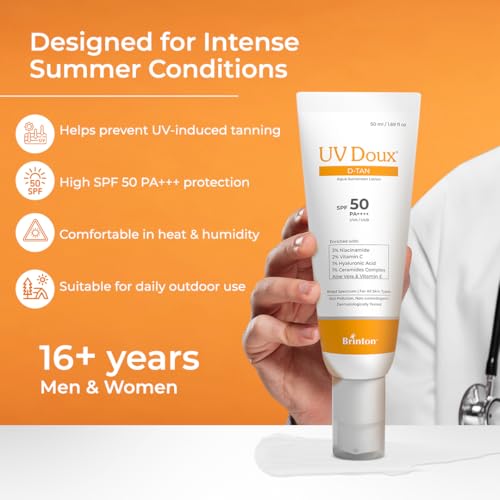 Image of UV Doux D-Tan Aqua Sunscreen Lotion SPF 50 PA++++ | With Niacinamide, Vitamin C, Hyaluronic Acid, Ceramide, Aloe Vera & Vitamin E | Broad Spectrum | Benzene-Free | For Dry & Sensitive Skin | 50 ml