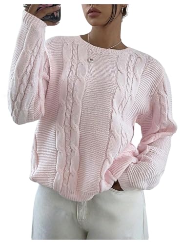 Milumia Women's Long Sleeve Crewneck Cable Knit Sweater Loose Casual Pullover Tops