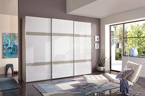 WIEMANN Rialto Kleiderschrank, Schwebetürenschrank, Schlafzimmerschrank, mit Schiebetüren, Breite 250 cm, Kieselgrau, Glas weiß, Holz, B/H/T 250x217x67 cm