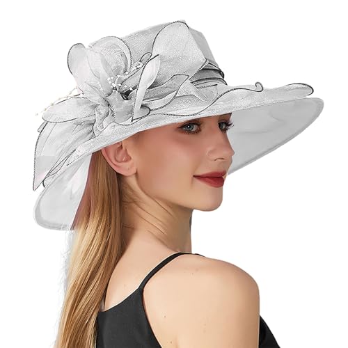 Chapeau de mariage pour femme avec fleurs en organza - Chapeau d'église à large bord - Fleurs de mariée élégantes - Protection solaire pour l'été - Chapeau de plage - Chapeau de thé pour le Kentucky