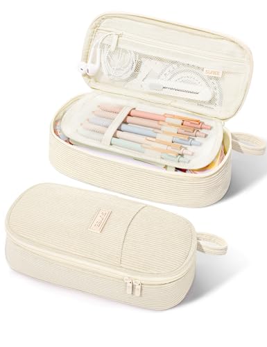 SUNEE Cute Pencil Case, Large Pencil Pouch, Aesthetic Big Pencil Bag with Zipper, Kawaii Stationery Storage and Organizer, School Supplies for Teen and Adult, Boys&Girls, Soft Corduroy Warm Beige