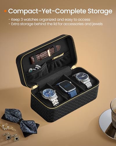 SONGMICS HOME RONNE Collection - 3-Slot Mens Jewelry Box, Watch Travel Case, PU Leather Watch Box, 3.9 x 7.9 x 3.5 Inches, Gift Idea, Ink Black Surface, Ink Black Lining UJWB017B01 - Thumbnail 4