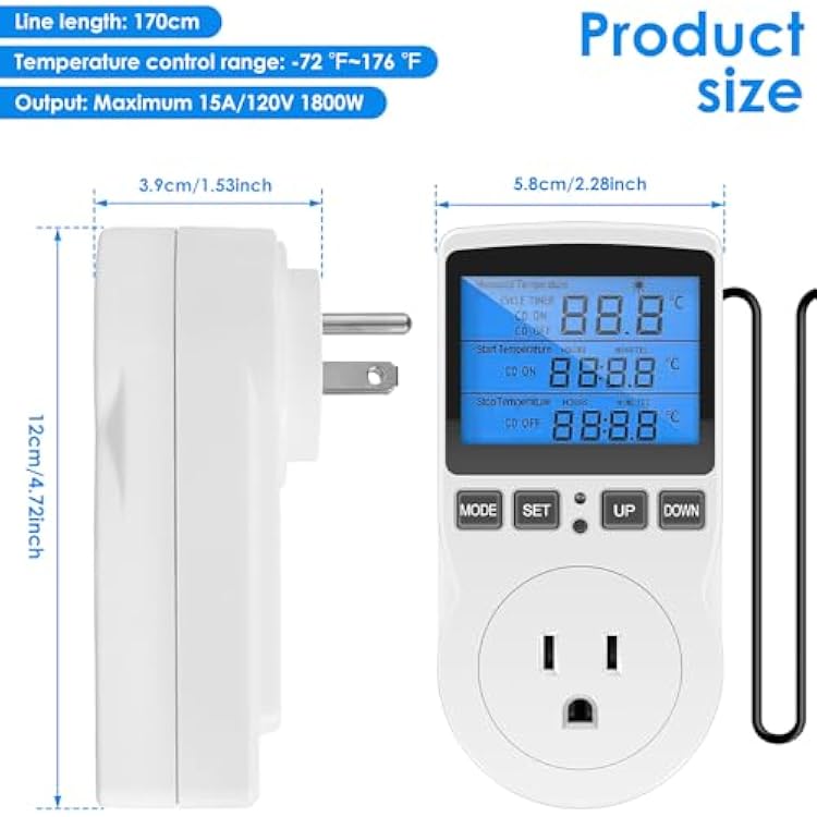Plug in Thermostat Temperature Controller Socket, 1800W 15A/120V Safe Thermostat Timer Outlet LCD Display Heating Cooling Control Timer Plug Smart Digital Plug in Temp Controller, Backlit Display
