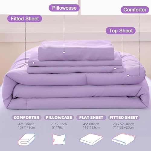 Image of Toddler Bedding Set for Girls, 4 Piece Double Ruffles Soft and Breathable Toddler Bed Sheets with Boho Toddler Comforter, Fitted Sheet, Flat Sheet and Pillowcase, Purple