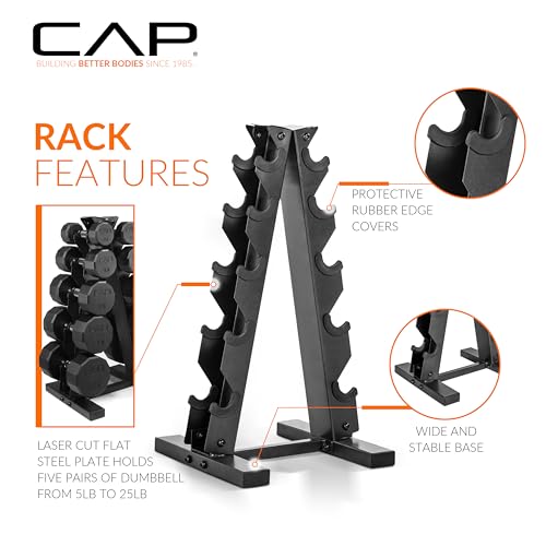 CAP 150 lb Rubber Coated 12-Sided Dumbbell Set with Vertical Rack, Space-Saving A-Frame Storage for Home Gym Strength Training, Black Handle by CAP - Image 4